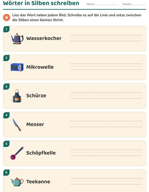 Vorschau: Silbenbögen-Arbeitsblatt mit Küchenwerkzeuge für 1. Klasse