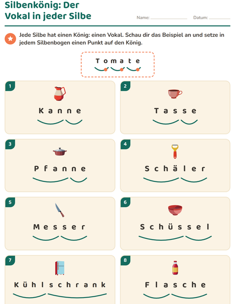 Vorschau: Silbenbögen-Arbeitsblatt mit Küchenwerkzeuge für 1. Klasse