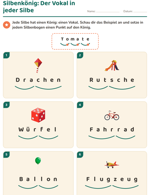 Vorschau: Silbenkönig: in jedem gedruckten Silbenbogen den Vokal markieren