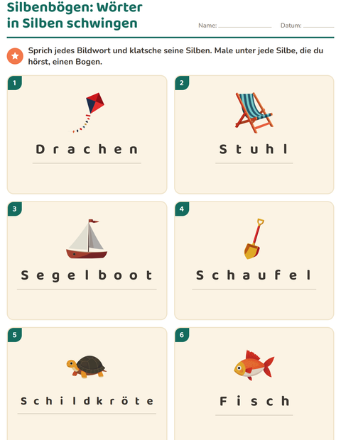 Vorschau: Silbenbögen-Arbeitsblatt mit Strand für 1. Klasse