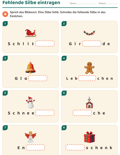 Vorschau: Silbenbögen-Arbeitsblatt mit Weihnachten für 1. Klasse