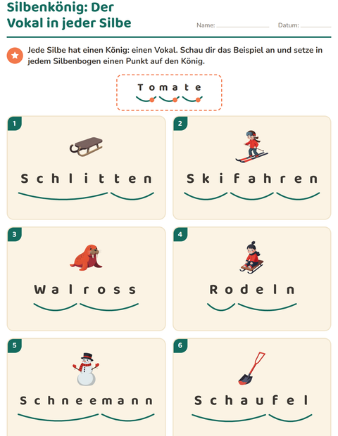 Vorschau: Silbenbögen-Arbeitsblatt mit Winter für 1. Klasse