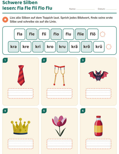 Schwere Silben lesen: der Silbenteppich mit fl, kr, bl und tr
