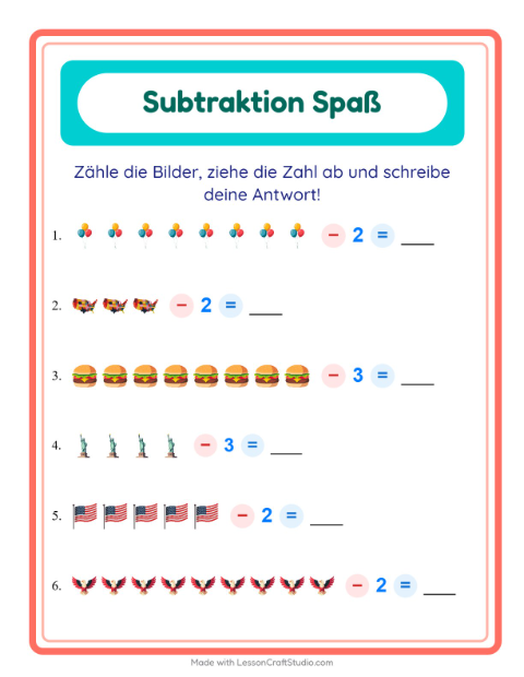 Vorschau: Subtraktion-Arbeitsblatt mit 4. Juli für Kindergarten