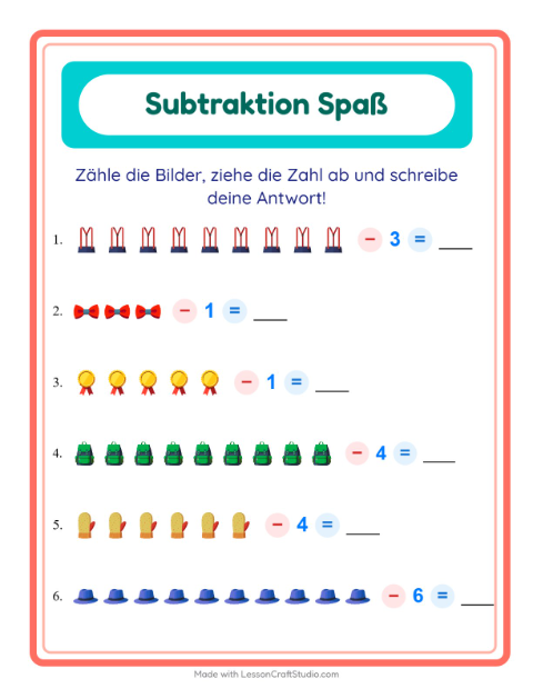 Vorschau: Subtraktion-Arbeitsblatt mit Accessoires für Kindergarten
