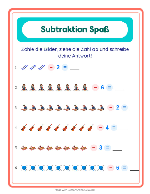 Vorschau: Subtraktion-Arbeitsblatt mit Aktivitäten für Kindergarten