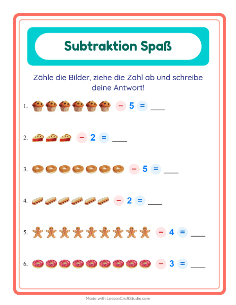 Vorschau: Subtraktion-Arbeitsblatt mit Bäckerei für Kindergarten