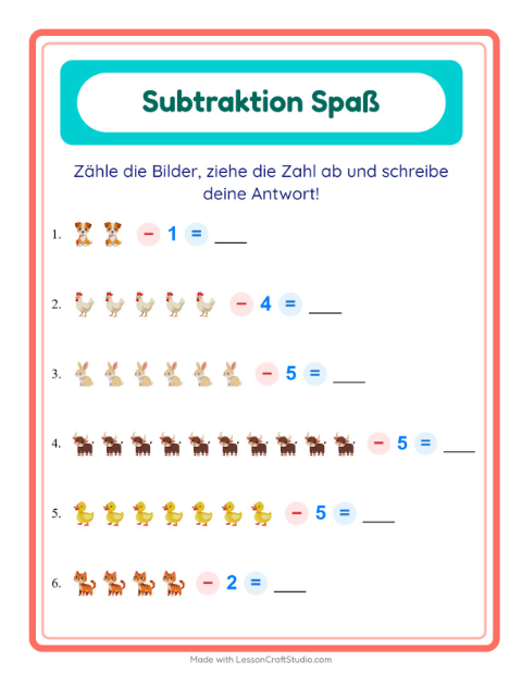 Vorschau: Subtraktion-Arbeitsblatt mit Bauernhoftiere für Kindergarten