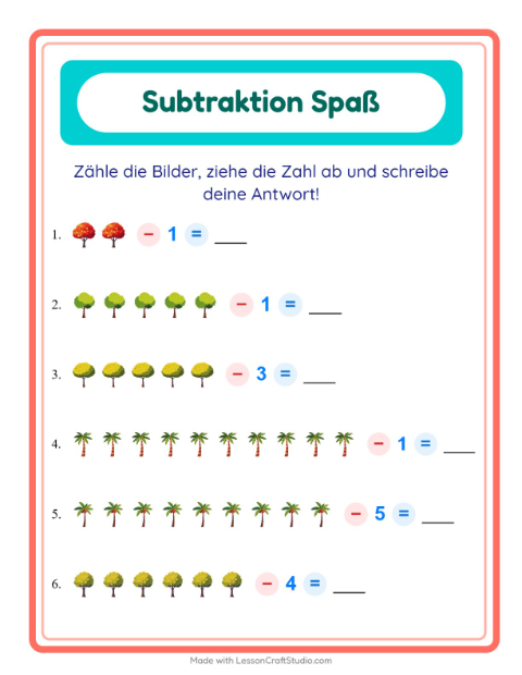 Vorschau: Subtraktion-Arbeitsblatt mit Bäume für Kindergarten