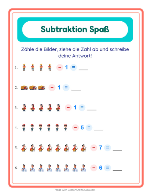 Vorschau: Subtraktion-Arbeitsblatt mit Berufe für Kindergarten