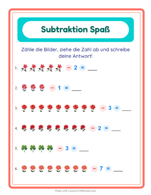 Vorschau: Subtraktion-Arbeitsblatt mit Blumen für Kindergarten