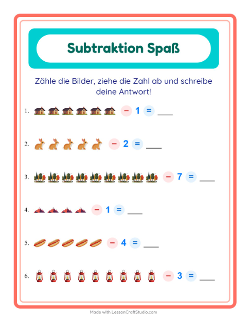 Vorschau: Subtraktion-Arbeitsblatt mit Camping für Kindergarten