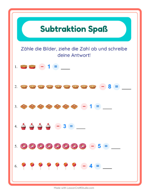 Vorschau: Subtraktion-Arbeitsblatt mit Desserts und Süßigkeiten für Kindergarten