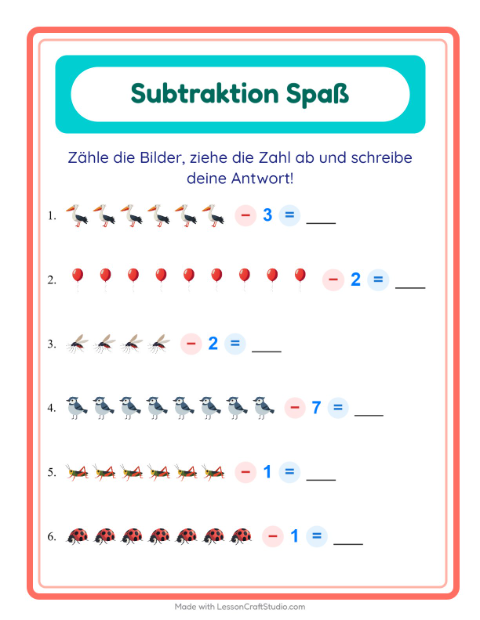 Vorschau: Subtraktion-Arbeitsblatt mit Dinge die fliegen für Kindergarten