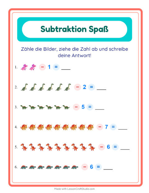 Vorschau: Subtraktion-Arbeitsblatt mit Dinosaurier für Kindergarten