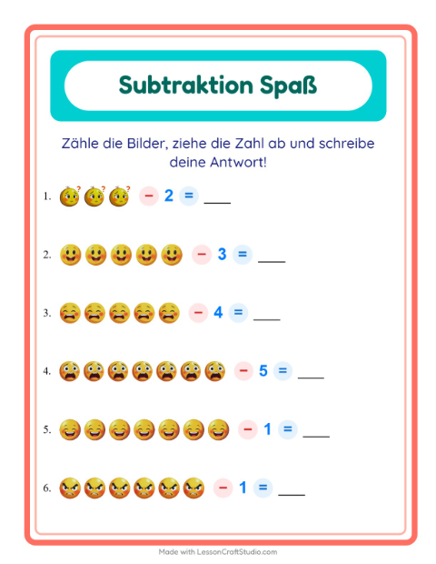 Vorschau: Subtraktion-Arbeitsblatt mit Emotionen für Kindergarten