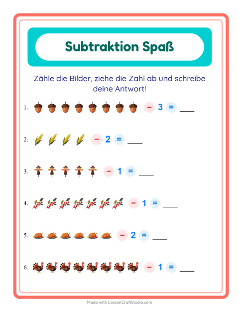 Vorschau: Subtraktion-Arbeitsblatt mit Erntedankfest für Kindergarten