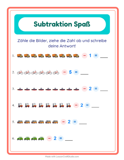Vorschau: Subtraktion-Arbeitsblatt mit Fahrzeuge für Kindergarten