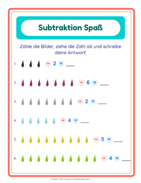 Vorschau: Subtraktion-Arbeitsblatt mit Farben für Kindergarten
