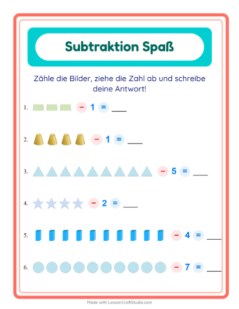 Vorschau: Subtraktion-Arbeitsblatt mit Formen für Kindergarten
