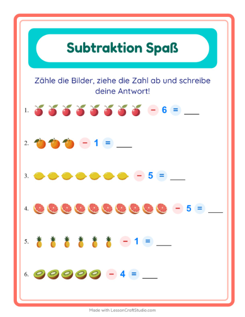 Vorschau: Subtraktion Bild minus Zahl mit Äpfeln, Bananen und Birnen – Arbeitsblatt für die 1. Klasse