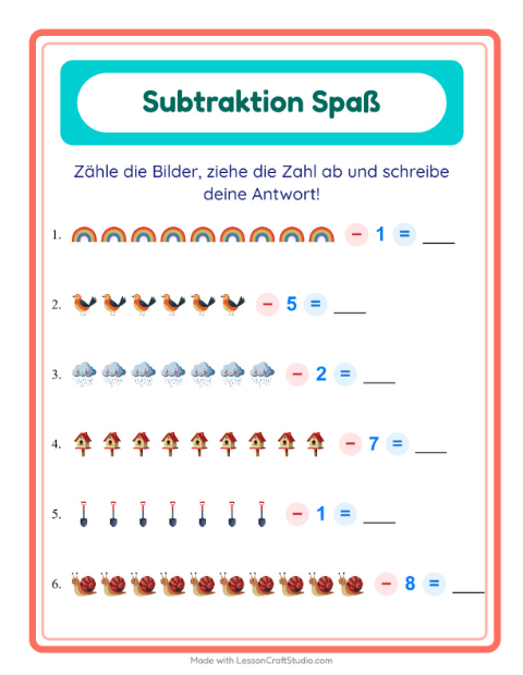 Vorschau: Subtraktion-Arbeitsblatt mit Frühling für Kindergarten
