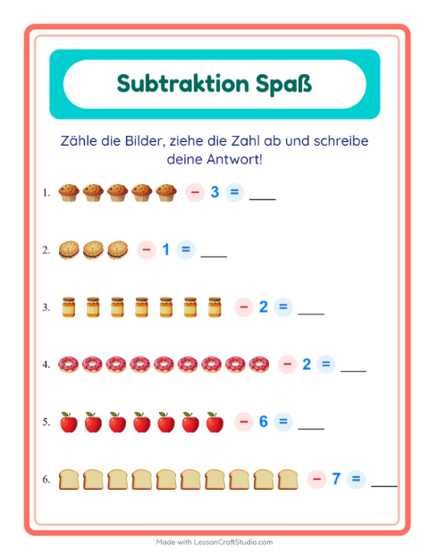 Vorschau: Subtraktion-Arbeitsblatt mit Frühstück für Kindergarten