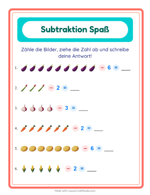 Vorschau: Subtraktion-Arbeitsblatt mit Gemüse für Kindergarten