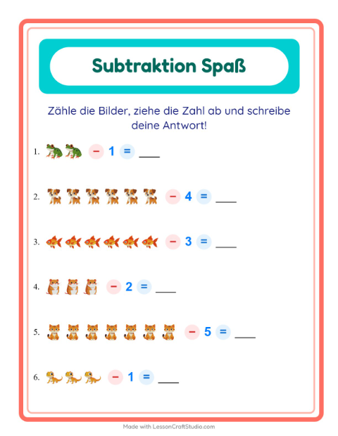 Vorschau: Subtraktion-Arbeitsblatt mit Haustiere für Kindergarten