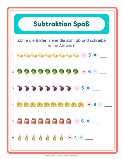 Vorschau: Subtraktion-Arbeitsblatt mit Im Supermarkt für Kindergarten