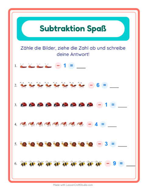 Vorschau: Subtraktion-Arbeitsblatt mit Insekten und Käfer für Kindergarten