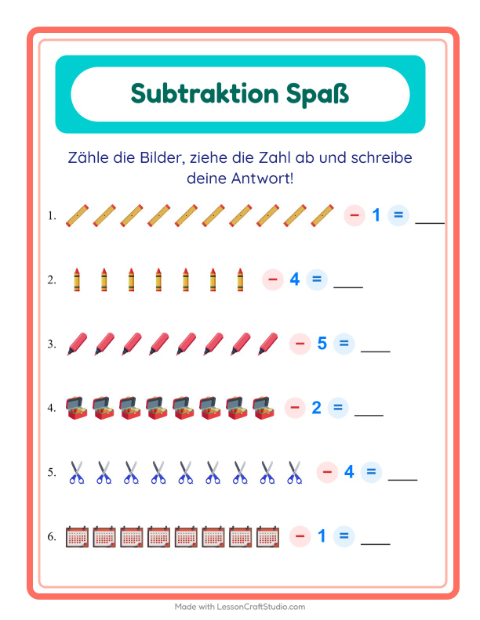 Vorschau: Subtraktion-Arbeitsblatt mit Klassenzimmer für Kindergarten