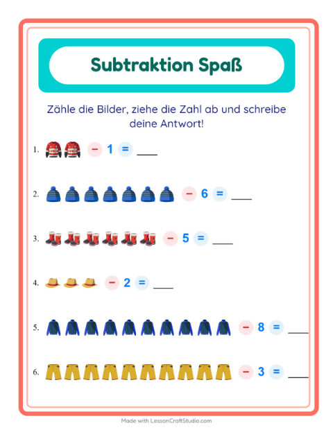 Vorschau: Subtraktion-Arbeitsblatt mit Kleidung für Kindergarten