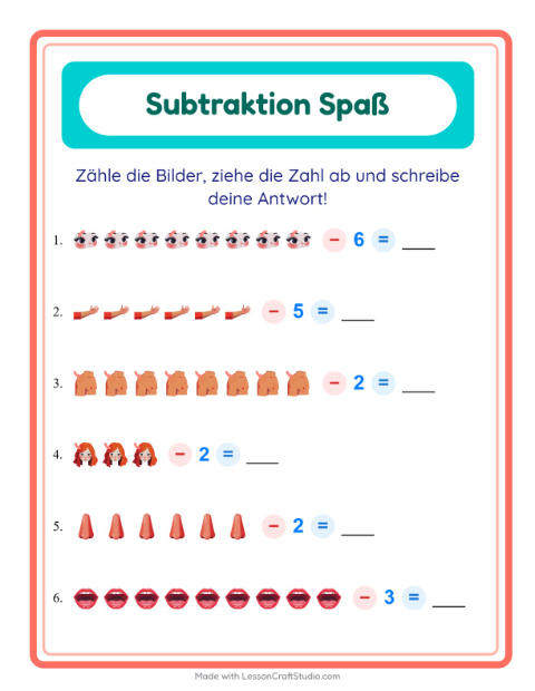 Vorschau: Subtraktion-Arbeitsblatt mit Körperteile für Kindergarten