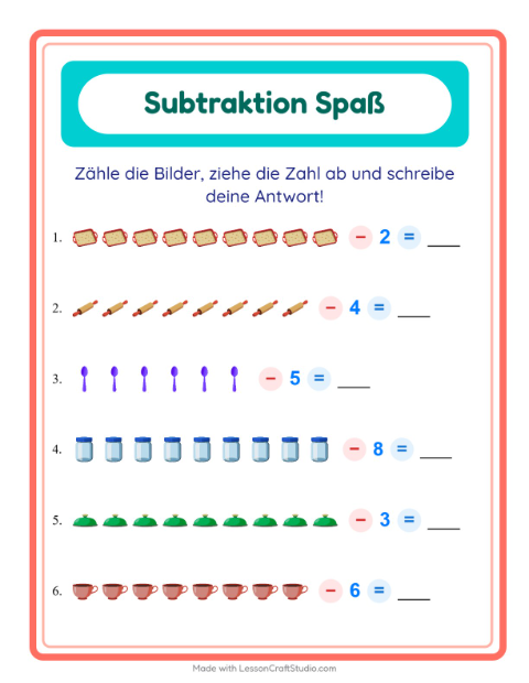 Vorschau: Subtraktion-Arbeitsblatt mit Küchenwerkzeuge für Kindergarten