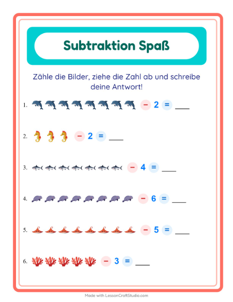 Vorschau: Subtraktion-Arbeitsblatt mit Meeresleben für Kindergarten