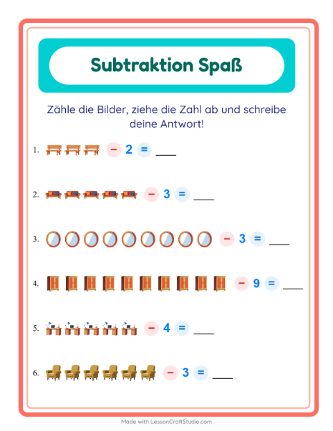 Vorschau: Subtraktion-Arbeitsblatt mit Möbel für Kindergarten