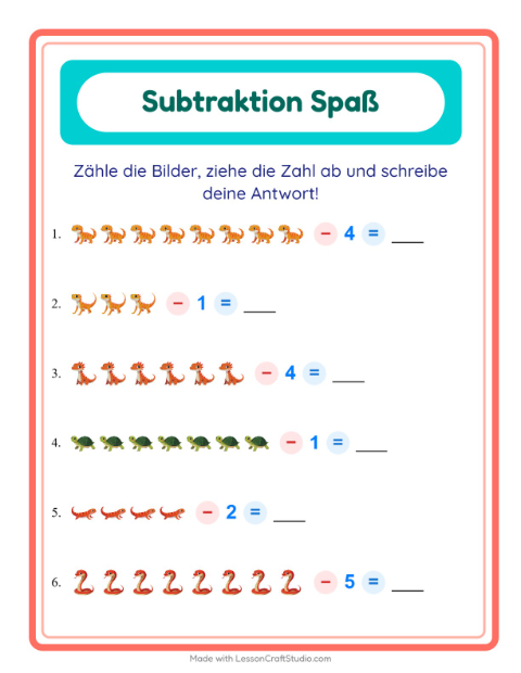Vorschau: Subtraktion-Arbeitsblatt mit Reptilien und Amphibien für Kindergarten