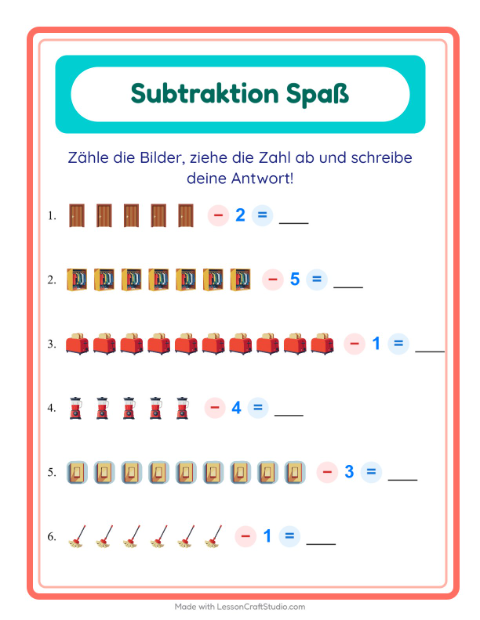Vorschau: Subtraktion-Arbeitsblatt mit Rund ums Haus für Kindergarten