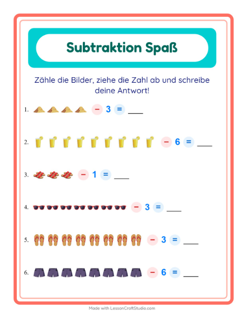 Vorschau: Subtraktion-Arbeitsblatt mit Sommer für Kindergarten