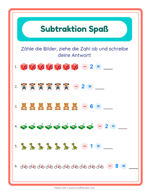 Vorschau: Subtraktion-Arbeitsblatt mit Spielzeug für Kindergarten