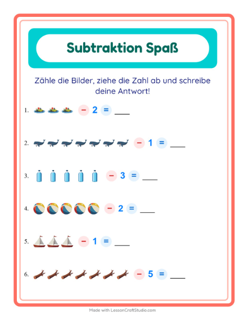 Vorschau: Subtraktion-Arbeitsblatt mit Strand für Kindergarten