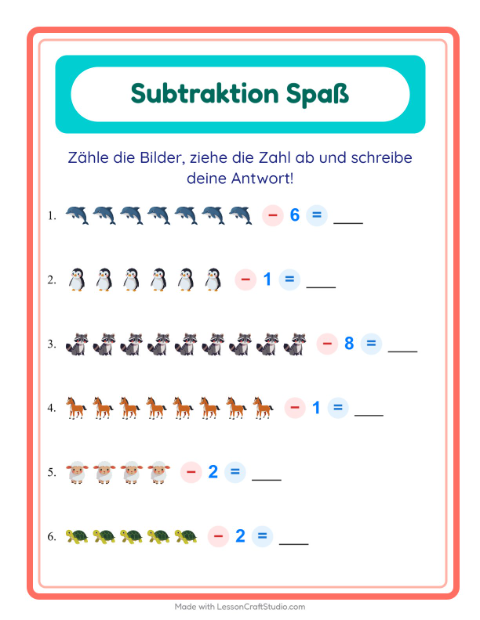 Vorschau: Subtraktion-Arbeitsblatt mit Tiere für Kindergarten