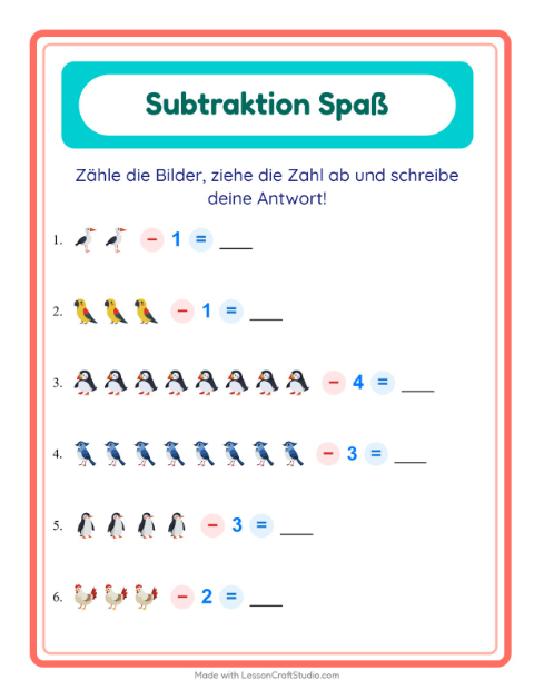 Vorschau: Subtraktion-Arbeitsblatt mit Vögel 2 für Kindergarten