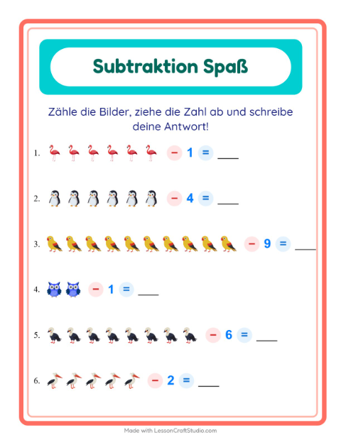 Vorschau: Subtraktion-Arbeitsblatt mit Vögel für Kindergarten