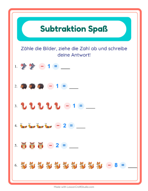 Vorschau: Subtraktion-Arbeitsblatt mit Waldtiere für Kindergarten