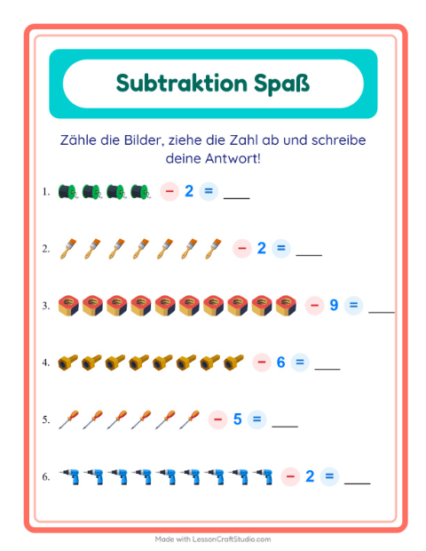 Vorschau: Subtraktion-Arbeitsblatt mit Werkzeuge für Kindergarten