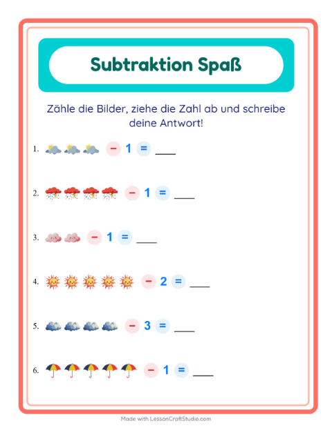Vorschau: Subtraktion-Arbeitsblatt mit Wetter für Kindergarten