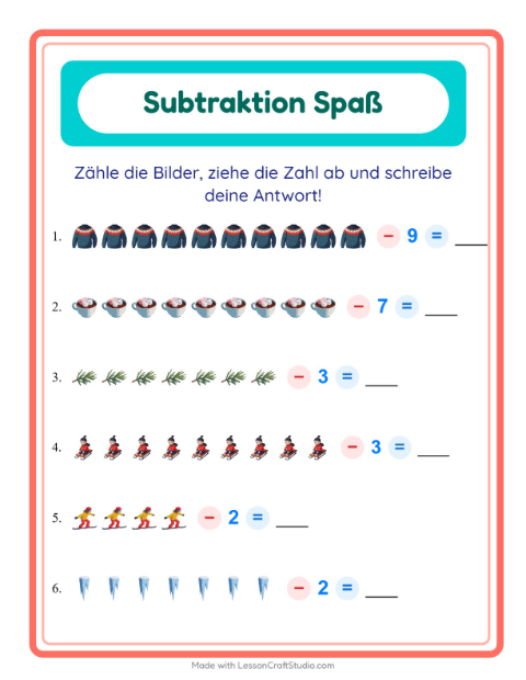 Vorschau: Subtraktion-Arbeitsblatt mit Winter für Kindergarten