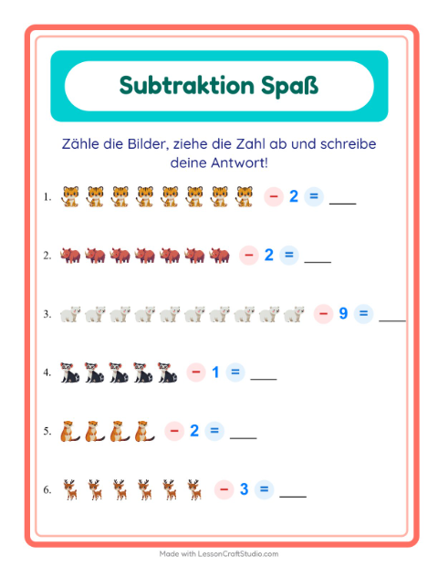 Vorschau: Subtraktion-Arbeitsblatt mit Zootiere für Kindergarten